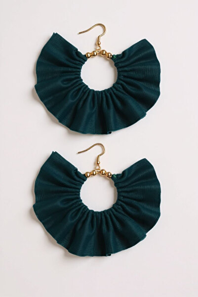 maia Kadın Altın Renk Halka Sallantılı Küpe – Koyu Yeşil Kumaş Boncuklu Tasarım