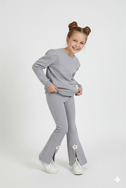 zepkids Crew nyakú, hosszú ujjú hasított százszorszép részletes, hosszú ujjú szürke színű lány tréningruha szett