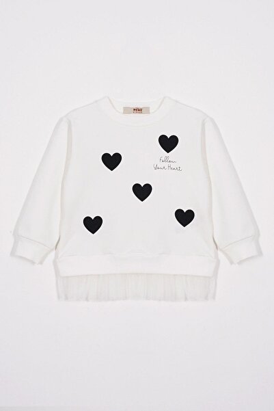 zepkids Crew Neck Heart Printed Ecru-Black Color Girl's Skirt Suit