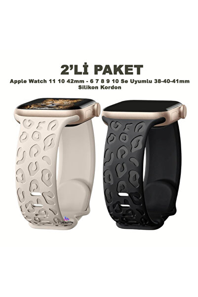 Dexmon Apple Watch 11 10 42mm – 6 7 8 9 Se Uyumlu 38-40-41mm Leopar Desenli 2'li Silikon Kordon Seti