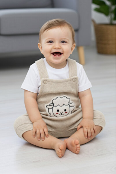 EYMİRGİYİM Lamb Figured Short Salopet Suit for Girls and Boys 0-3 Months, 3-6...