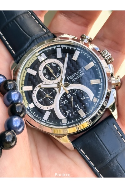 Ferrucci الجلود الحبل الأزرق الداكن وظيفة الرجال سوار ساعة اليد