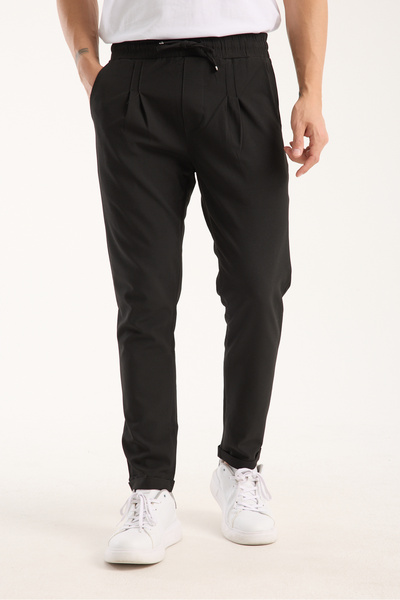 OneZero Erkek Jogger Pileli Bel Lastikli Bağcıklı Likralı Siyah Pantolon