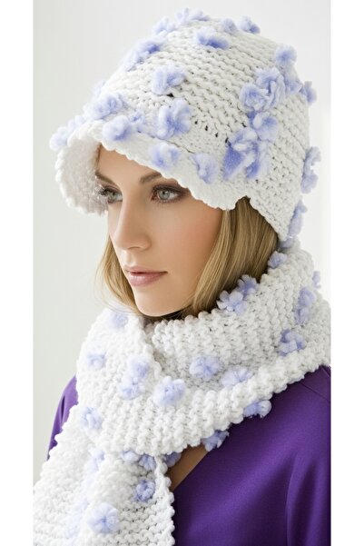 drt tasarım طقم قبعة وشاح طويل من سلسلة بونبونيلا الفاخرة باللون الأبيض الأرج...