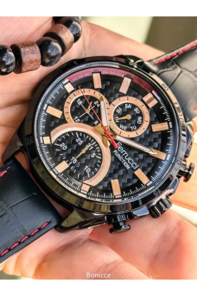 Ferrucci Siyah Deri Kordon Fonksiyonları Aktif Erkek Kol Saati+bileklik