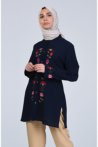 sefamerve Μπλούζα με κεντημένο ύφασμα Şile 0016-03 Ναυτικό μπλε