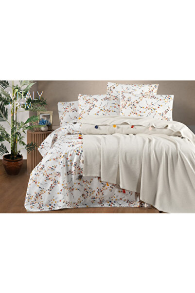 Şaheser Vitaly Двоспальний 100% бавовняний комплект постільної білизни з помпонами та зав'язками - бежевий