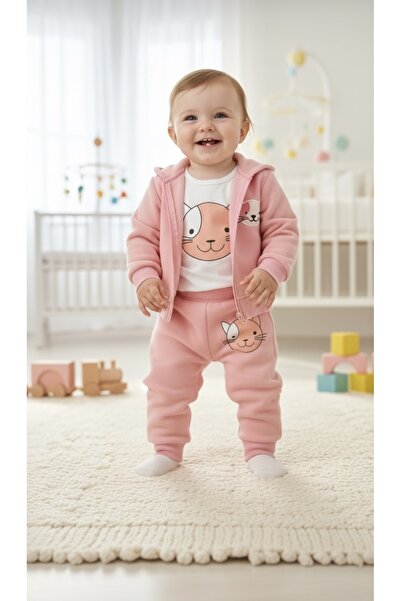 Balababy Kışlık, üçlü kız pembe takım, hırka, body ve alt eşofmanı. Trend öne...