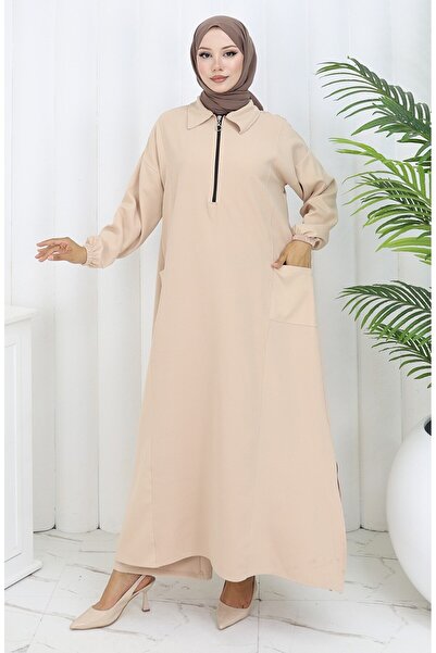 sefamerve Double fabric long tunic pants double set 0034-06 beige