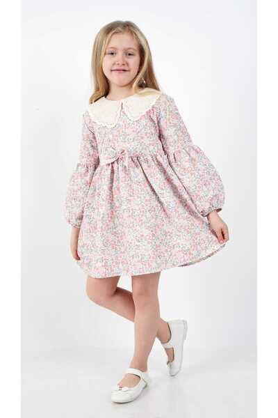 ESİLA KİDS Kız Çocuk Elbise Uzun Kollu Mevsimlik Çiçek Desenli Bebe Yaka Elbise 3-7 YAŞ
