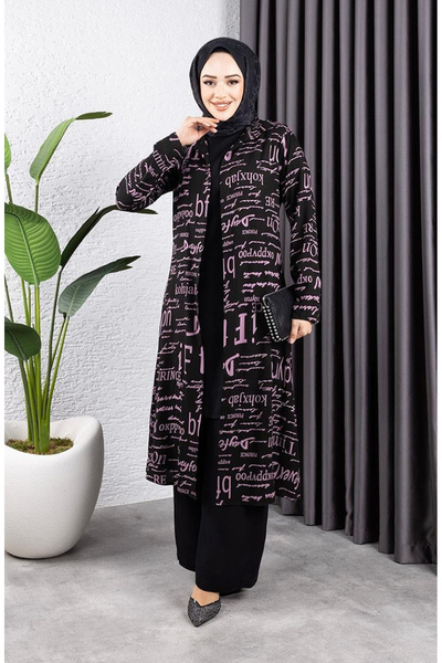 sefamerve Written 3-Piece Hijab Set 4012-02 Black Dusty Rose