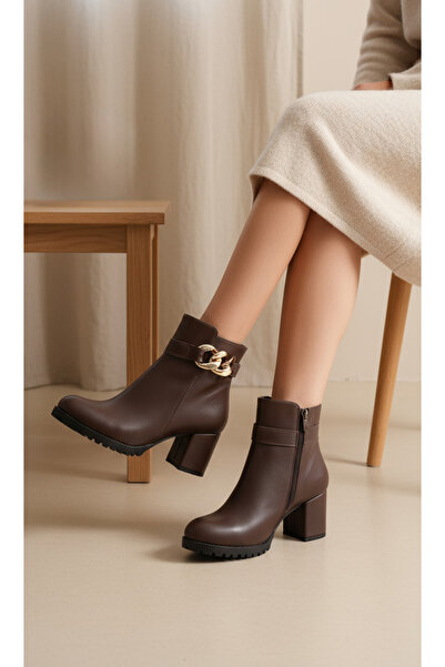 LUVİANO Γυναικεία παπούτσια με κοντό τακούνι σε καφέ χρώμα με φερμουάρ για καθημερινή χρήση