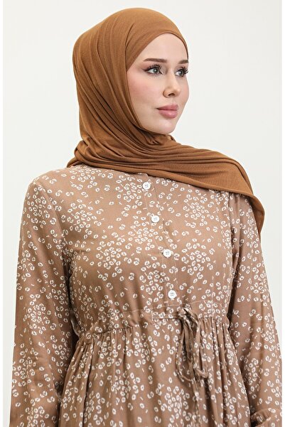 sefamerve Smile Viscose Dress - Floral Print, Half Button, Mink 0358-04