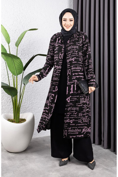 sefamerve Written 3-Piece Hijab Set 4012-02 Black Dusty Rose
