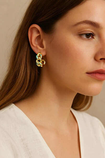 Leo'Stone Zincir Model Renkli Mineli Halka Tasarım Kadın Çelik Küpe