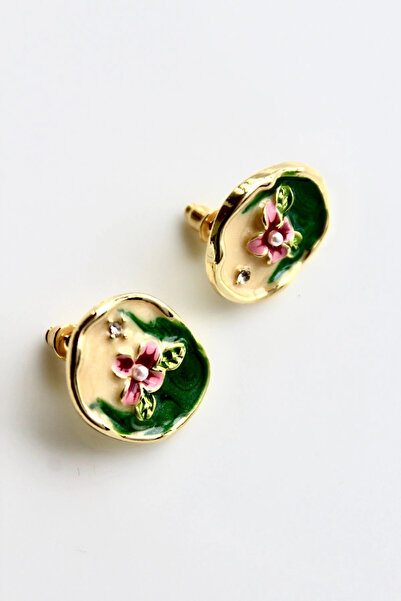 Leo'Stone Vintage Pembe Çiçek Motifli 3d Tablo Tasarım Kadın Çelik Küpe