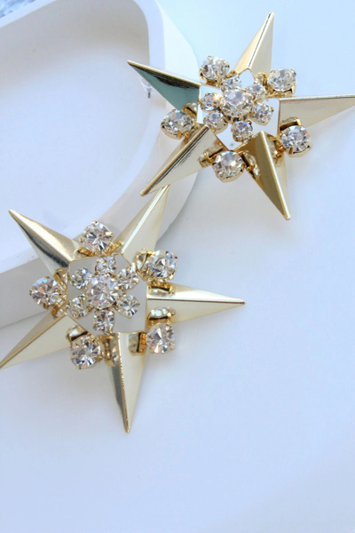 Leo'Stone Büyük Yıldız Tasarım Full Zirkon Taşlı Kadın Abiye Çelik Küpe