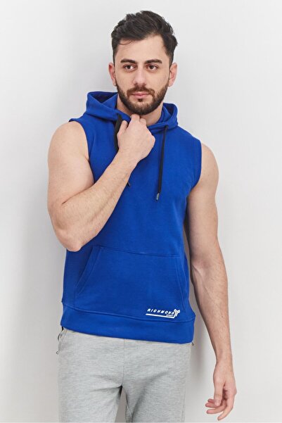 John Richmond Men Hooded With Drawstring Brand Logo Sleeveless Sweatshirt, Blue