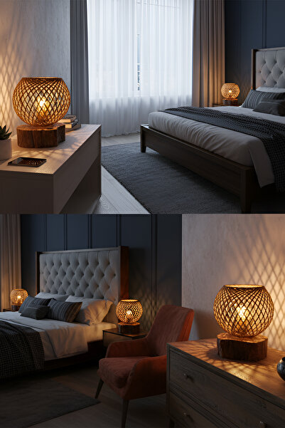 Genel Markalar 2'li Ağaç Abajur Jüt Başlık Doğal İskandinav El Yapımı Ahşap Lambader  Yatak Oturma Odası Rustik