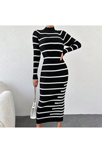 rengastyle Rochie creion cu tricotaje cu mânecă lungă în dungi pentru femei (...