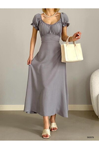 merysare فستان من قماش أيروبين - رقبة على شكل حرف U وسحاب خلفي وتفاصيل حزام، ...