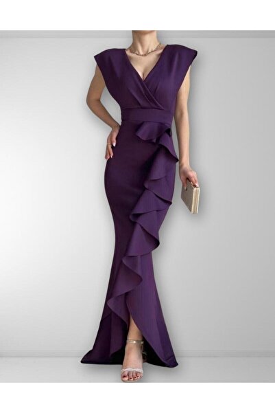 merysare فستان سهرة من قماش الكريب بياقة منتفخة - ملون