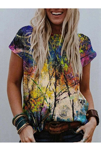 merysare بلوزة كريب نسائية برقبة دائرية - نمط اللبلاب، كم قصير (خيارات الألوان)