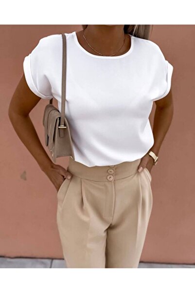 merysare بلوزة نسائية من القماش الرملي - رقبة دائرية، ملونة