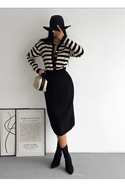 rengastyle Set de tricotaje pentru damă, cu nasturi, în dungi, bluză, fustă (...