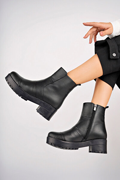 Deripabuc Hakiki Deri Siyah Kadın Deri Bot TRC-2503-1