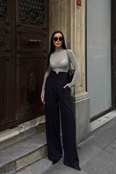 Ortaya Çık Black High Waist Palazzo Trousers