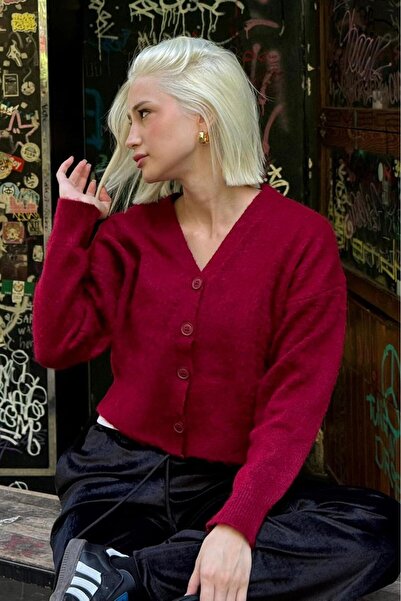 Madmext Burgundy V-Neck Women's Knitwear Cardigan Mg2462