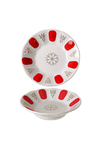 İpek Porselen Tea Plate Red White Coffee Shop Patterned 12 Pieces