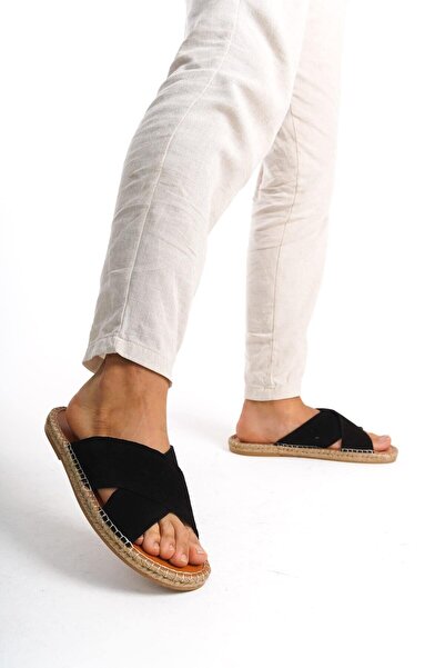 Mubiano Genuine Leather Summer Men's Suede Cross-Strapped Jute Sole Black Espadrille Slippers -Mssr5959-S