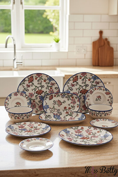 Miss Betty 22 Parça 6 Kişilik Piraye Kahvaltı Takımı Porselen New