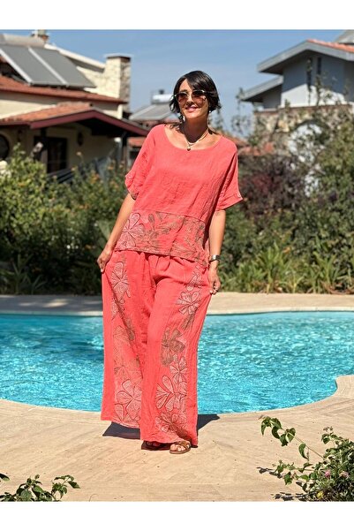 Punta Otantik Nc61253 Italian Floral Printed Linen Suit Coral
