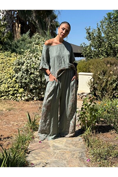 Punta Otantik Nc61253 Italian Floral Printed Linen Suit Khaki