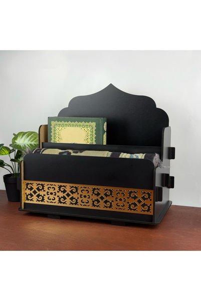 HippoDeco Black Wooden Prayer Rug Stand and Quran Organizer with Gold Plexiglass Decoration, Stylish Islamic Decorative