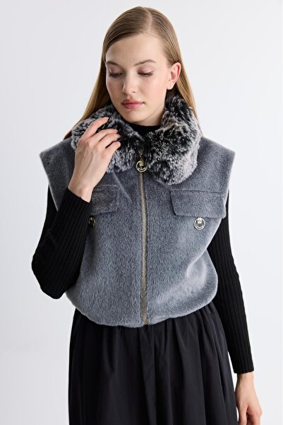 Safgiyim44 Fur Collar Cashmere Short Vest Gray
