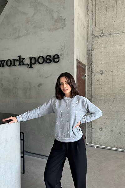 XRAY JEANS Hanorac largi gri pentru femei, cu decolteu rotund, Stone Relax Fit