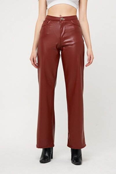 XRAY JEANS Pantaloni de damă din piele maronie cu talie înaltă și buzunar cu ...