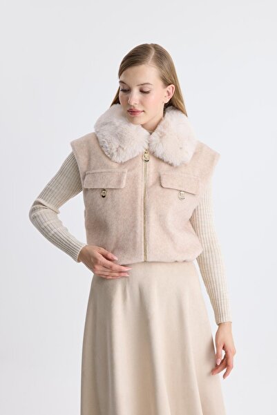 Safgiyim44 Fur Collar Cashmere Short Vest Beige