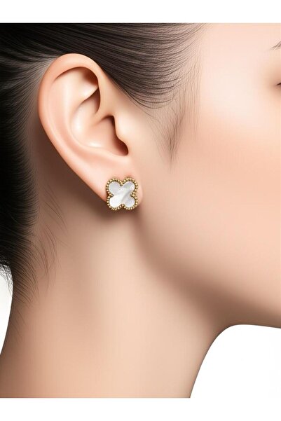 magische Gold Renk Beyaz Taşlı Yonca Model Kadın Küpe