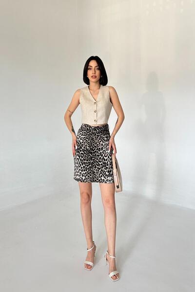 XRAY JEANS Fusta mini neagră leopard din bumbac, cu nasturi, pentru femei