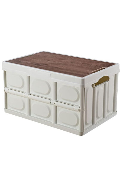 AutoFamily صندوق تخزين بلاستيكي قابل للطي من أوتو فاميلي، غطاء خشبي، سعة 55 لترًا، لون أبيض