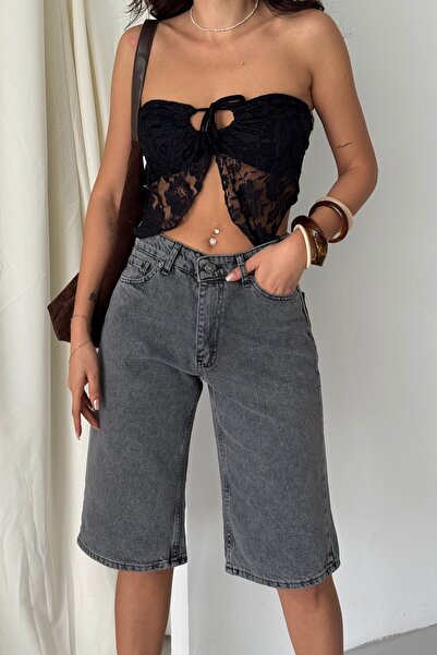 XRAY JEANS Women's High Waist Midi Knee Length Smoked Denim Shorts with Pockets