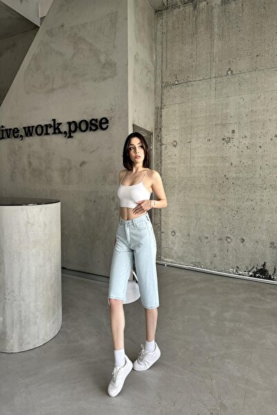 XRAY JEANS Kadın Yüksek Bel Diz Boy Cepli Buz Mavi Kot Şort