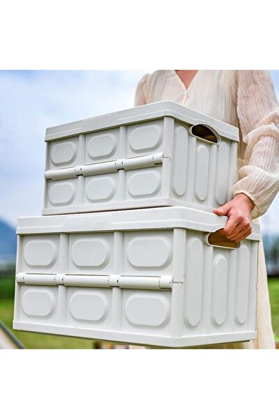 AutoFamily AUTO FAMILY Foldable Plastic Storage Box, Wooden Cover 55L, White