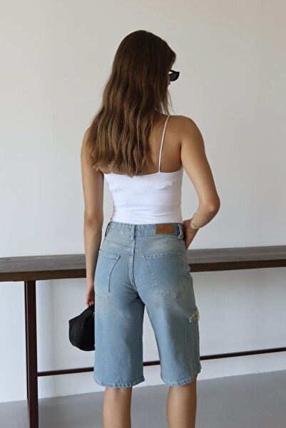 XRAY JEANS Kadın Yüksek Bel Midi Diz Boy Cepli Mavi Kot Şort