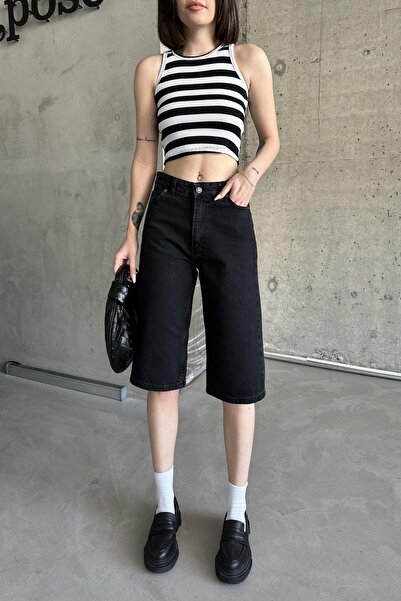 XRAY JEANS Kadın Yüksek Bel Bol Diz Boy Cepli Siyah Kot Şort